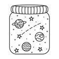 Universe in a glass jar.Black and white doodle stars,planets and comet